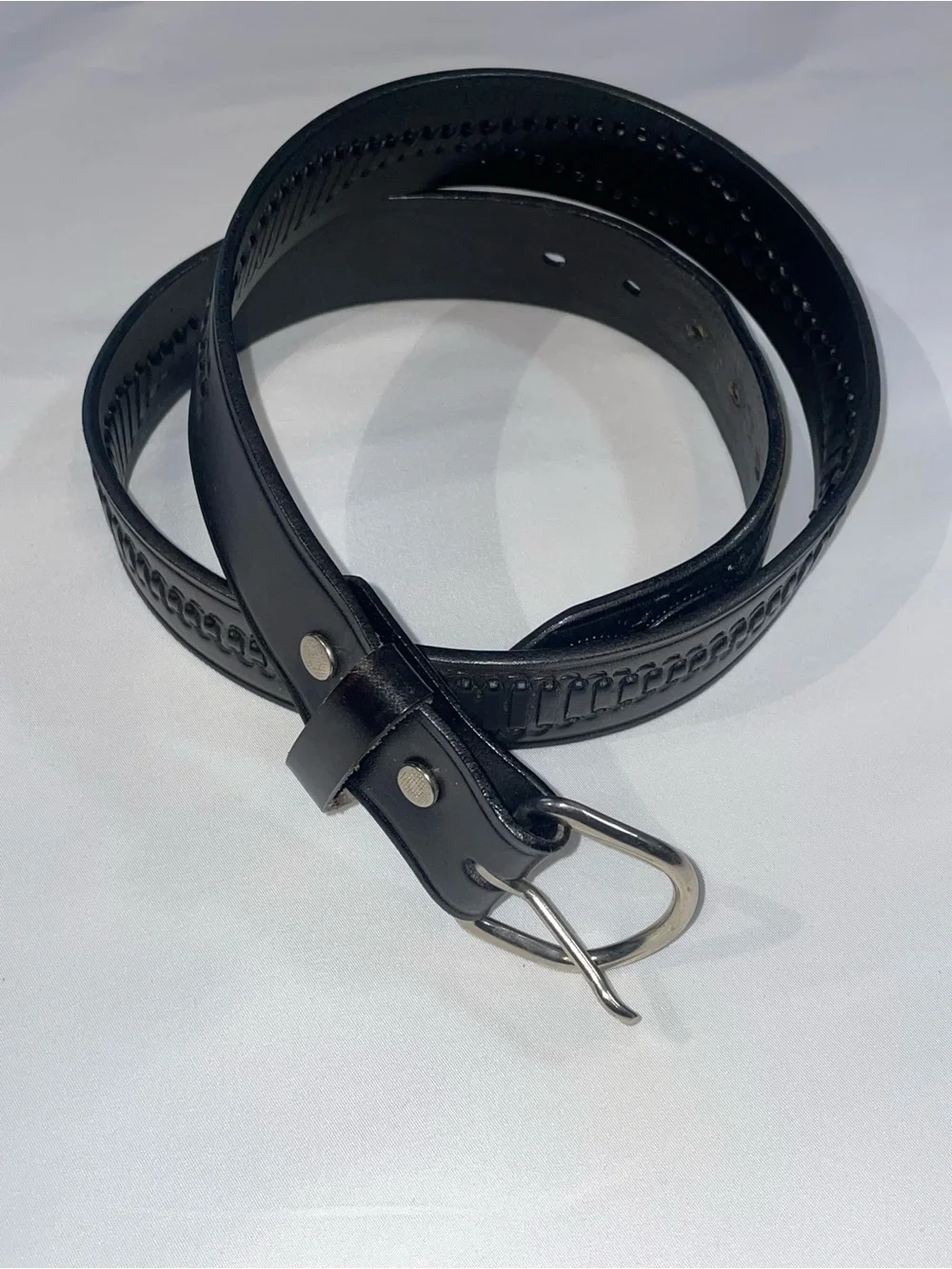Black Leather Men's Belt with Decorative Stitching. Size 36